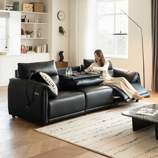 Black Genuine Leather Power Reclining Sofa