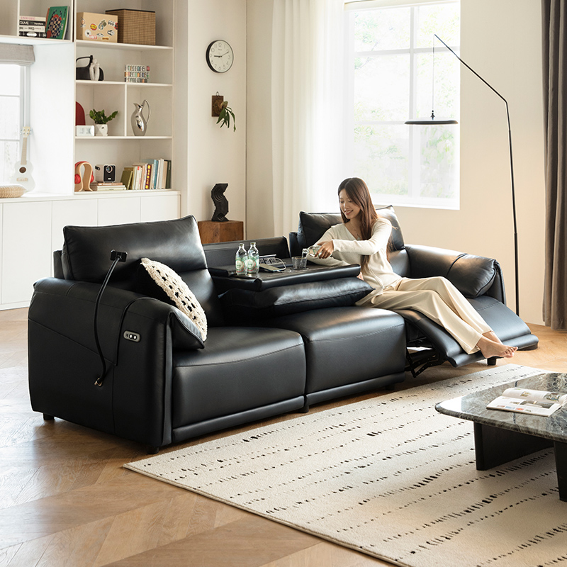 Black Genuine Leather Power Reclining Sofa
