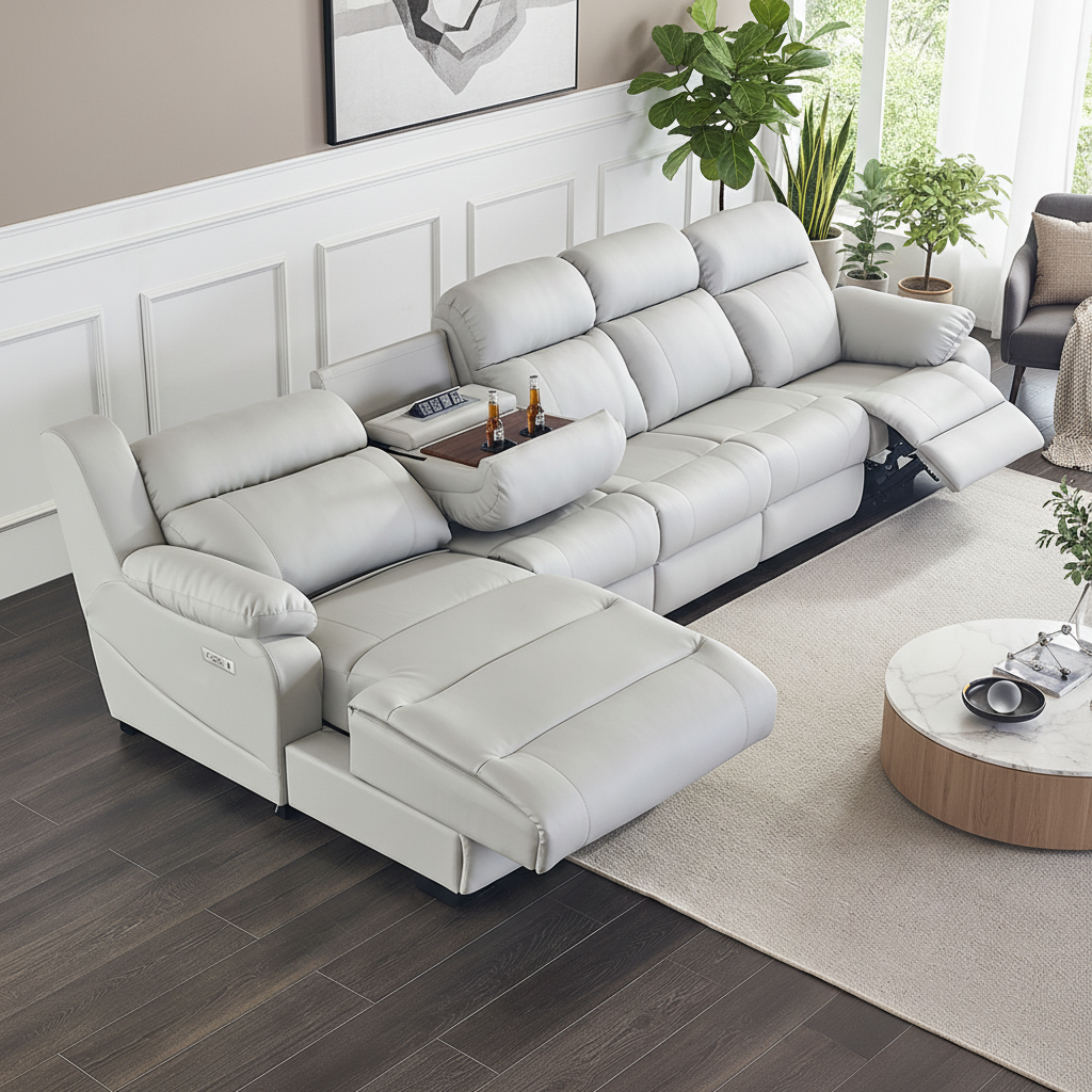 Genuine Leather Power Reclining Sofa with Console