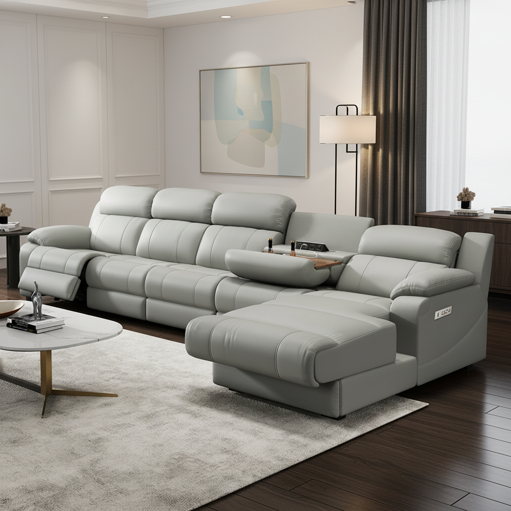 Light Gray L-Shaped Power Reclining Sofa with Console