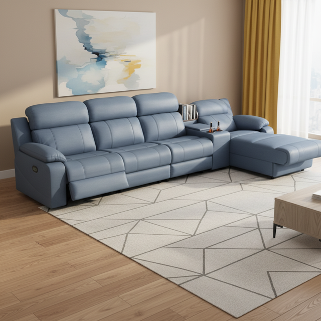Blue L-Shaped Sectional Sofa with Console