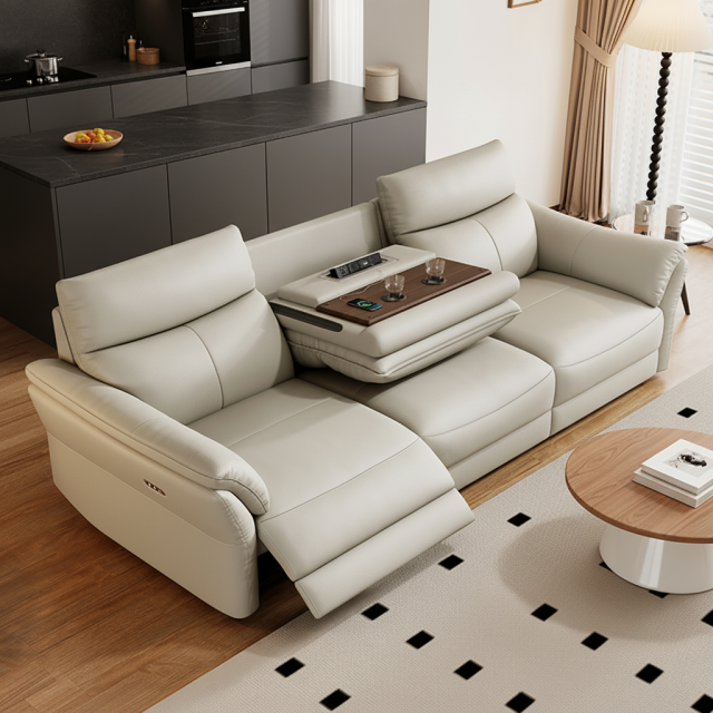 Light Gray Power Reclining Sofa with Console