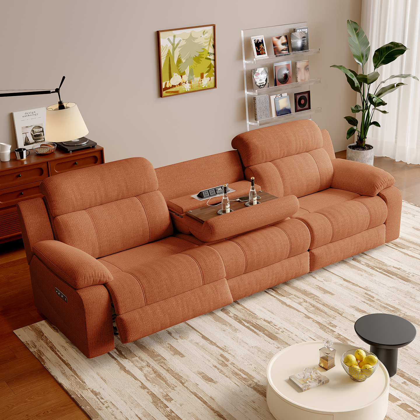Orange Fabric Power Reclining Sofa with Console
