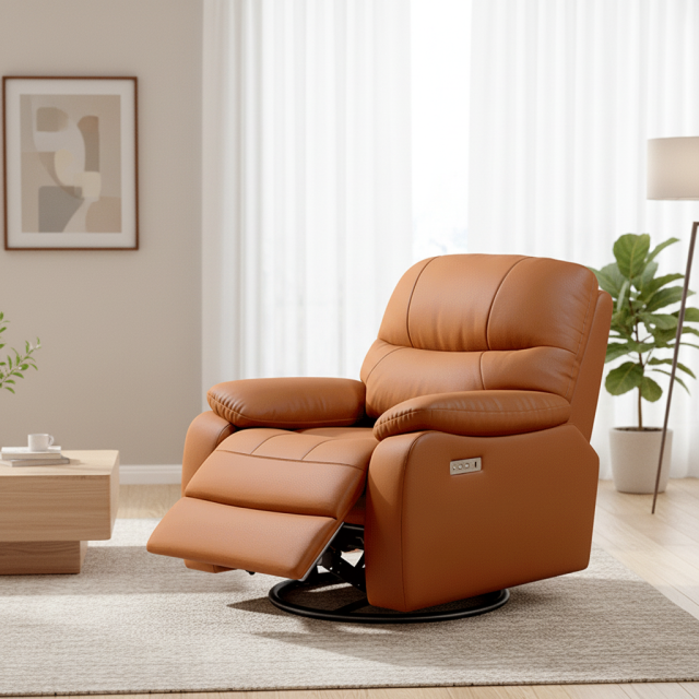 Orange Genuine Leather Manual Recliner Chair