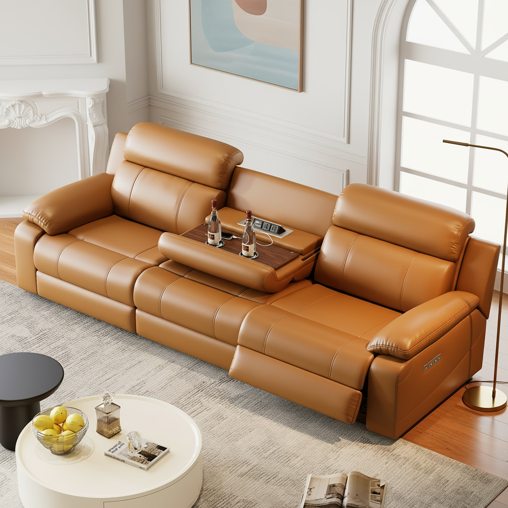 Orange Leather Power Reclining Sofa with Console