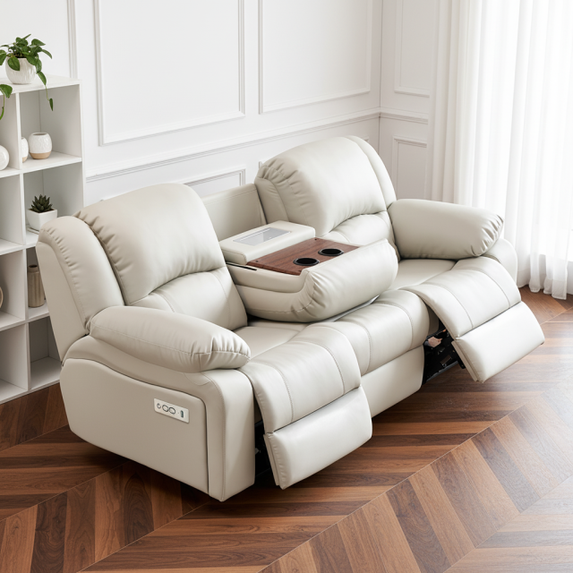 Cream Power Reclining Sofa with Console