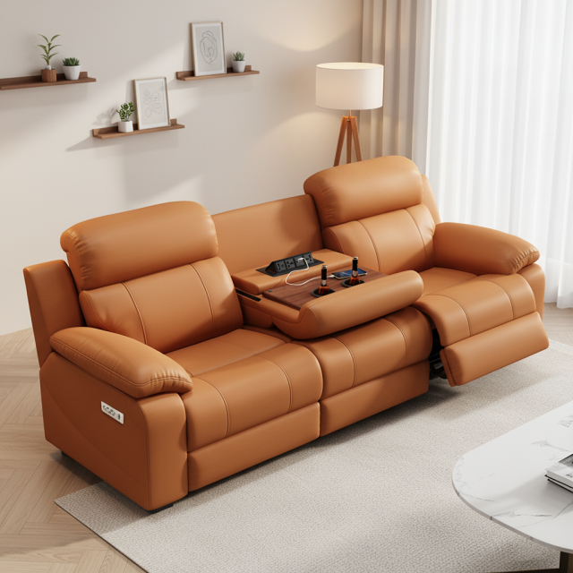 3-Seater Orange Power Reclining Sofa with Console