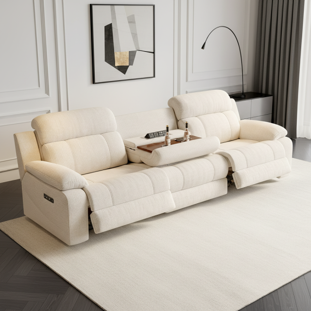 Cream Three-Seater Power Reclining Sofa with Console