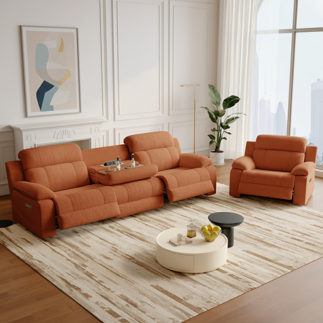 Three-Seater Orange Power Reclining Sofa with Console