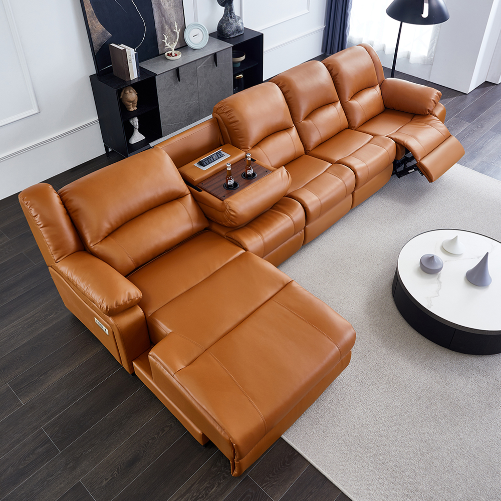Orange L-Shaped Power Reclining Sofa with Console product detail view 1
