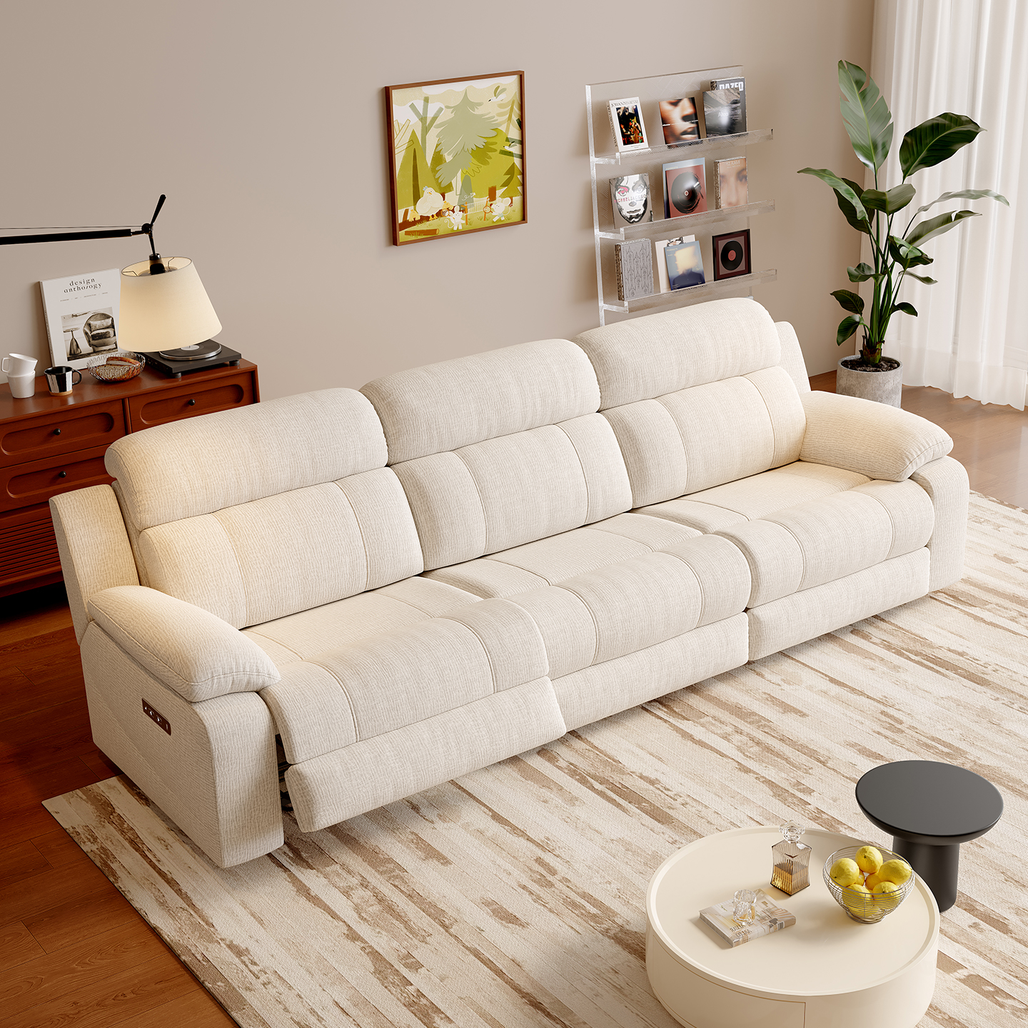 Cream Three-Seater Power Reclining Sofa with Console product detail view 1