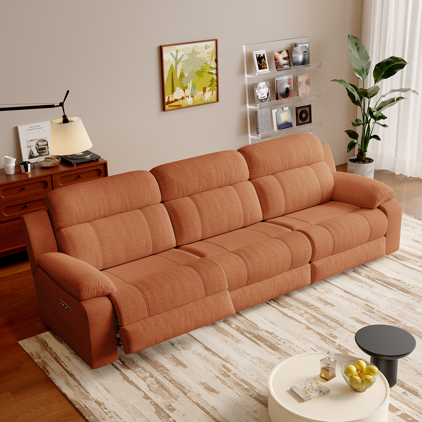 Three-Seater Orange Power Reclining Sofa with Console product detail view 1