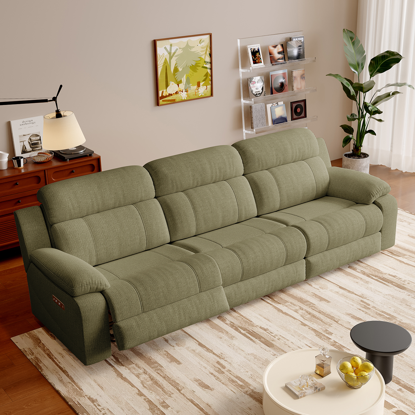 Green Power Reclining Sofa with Console product detail view 1