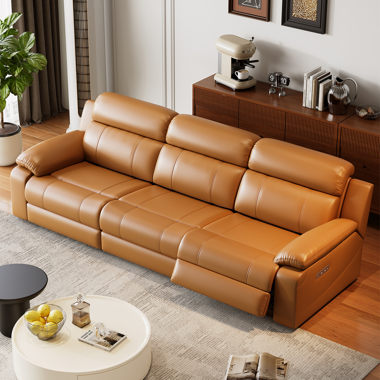 Orange Leather Power Reclining Sofa with Console product detail view 1
