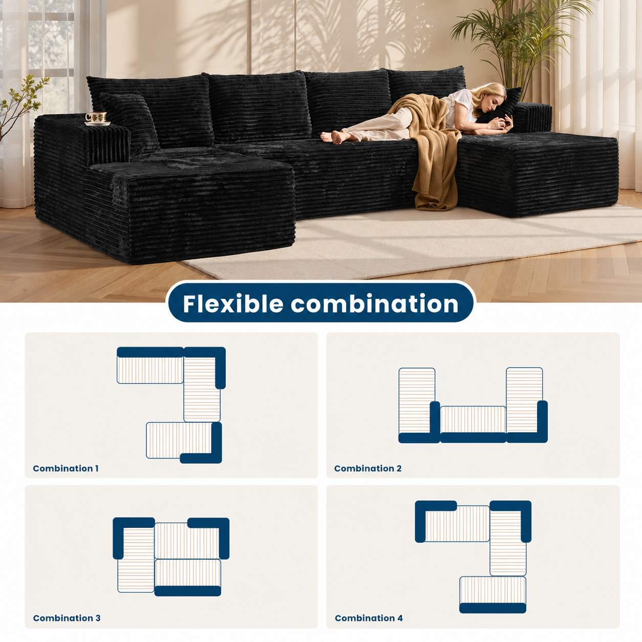 131-Inch Corduroy Compressed Sectional Sofa product detail view 1