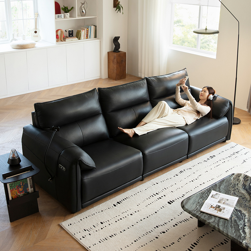 Black Genuine Leather Power Reclining Sofa product detail view 1