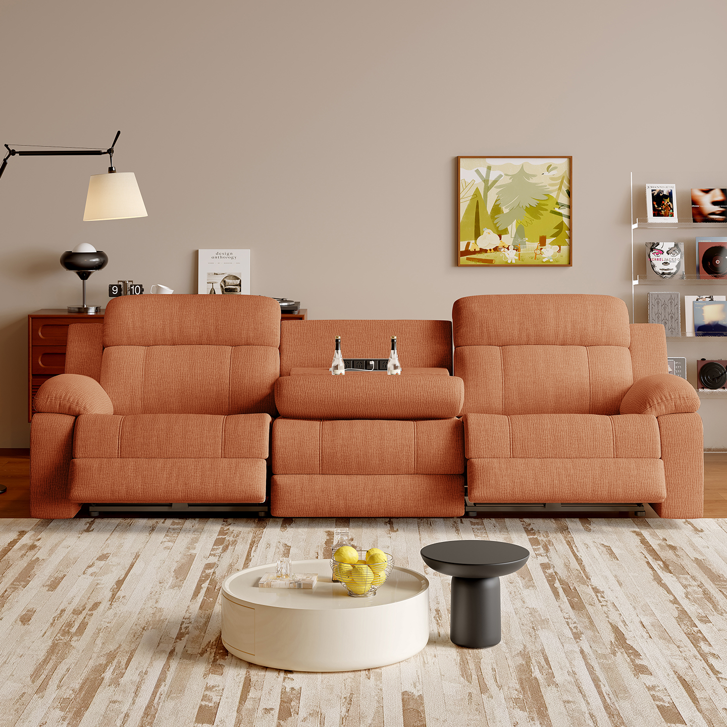 Three-Seater Orange Power Reclining Sofa with Console product detail view 2