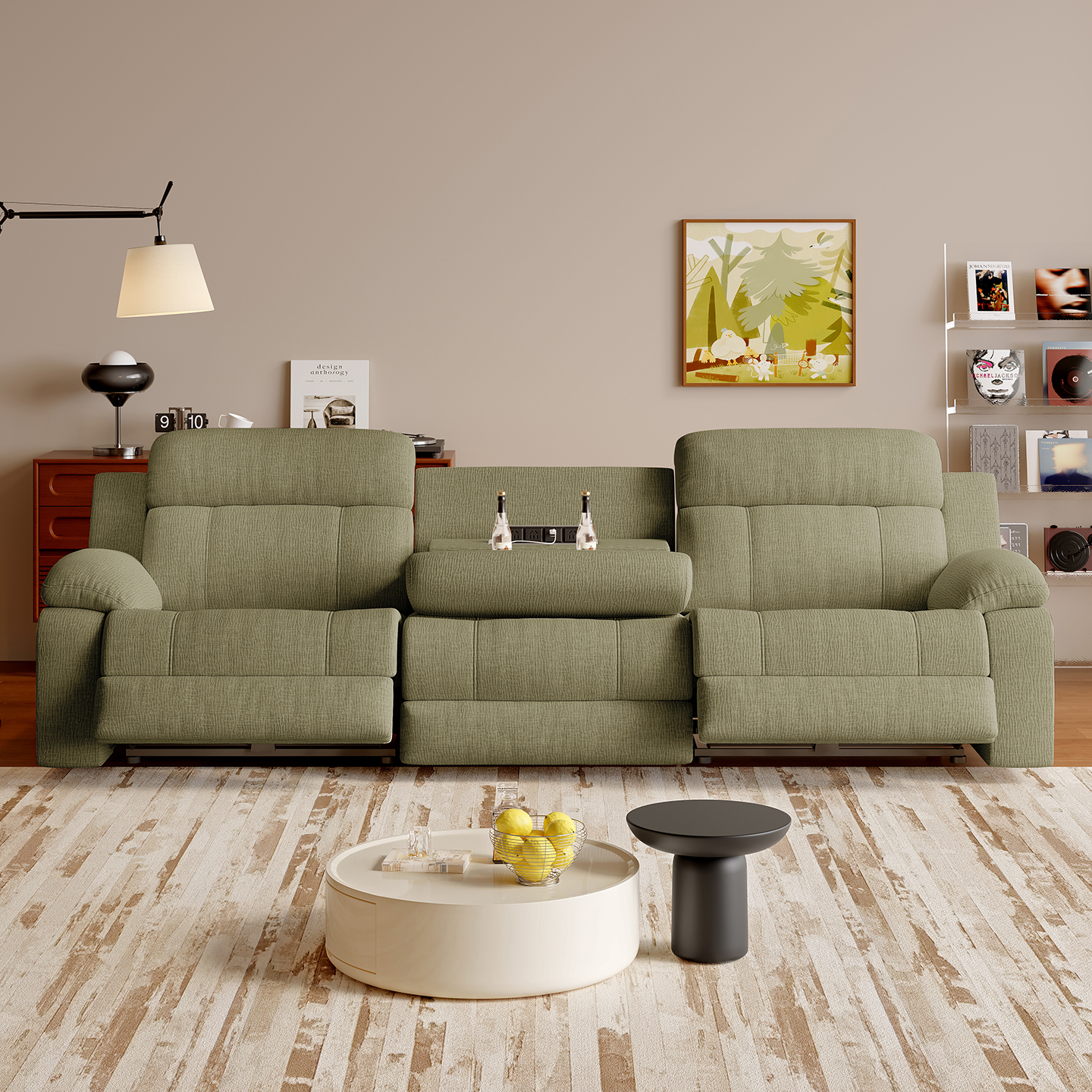 Green Power Reclining Sofa with Console product detail view 2