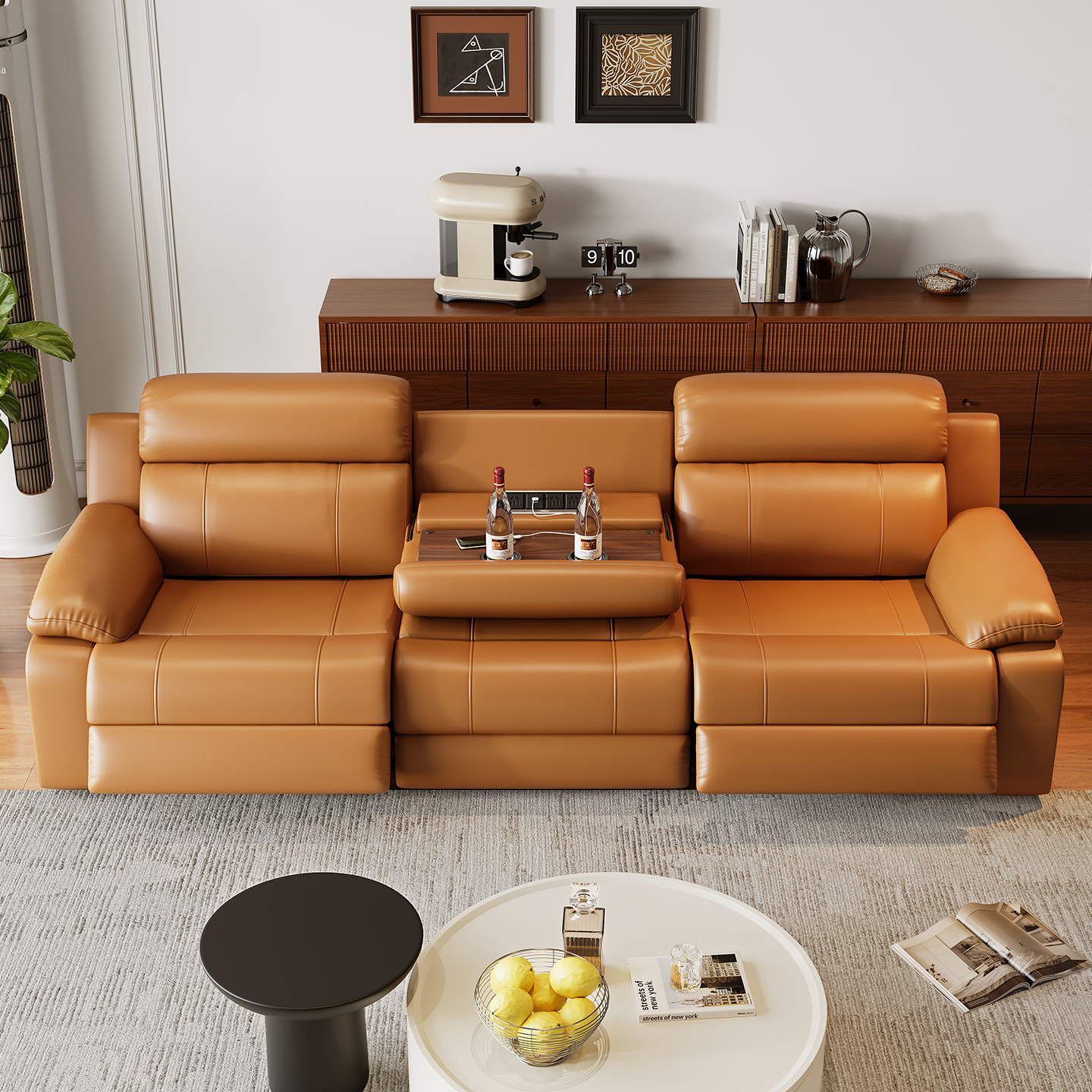 Orange Leather Power Reclining Sofa with Console product detail view 2