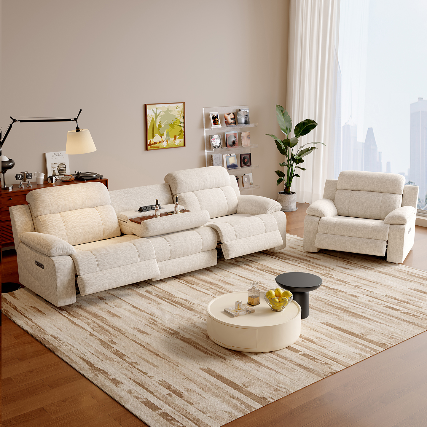 Cream Three-Seater Power Reclining Sofa with Console product detail view 3