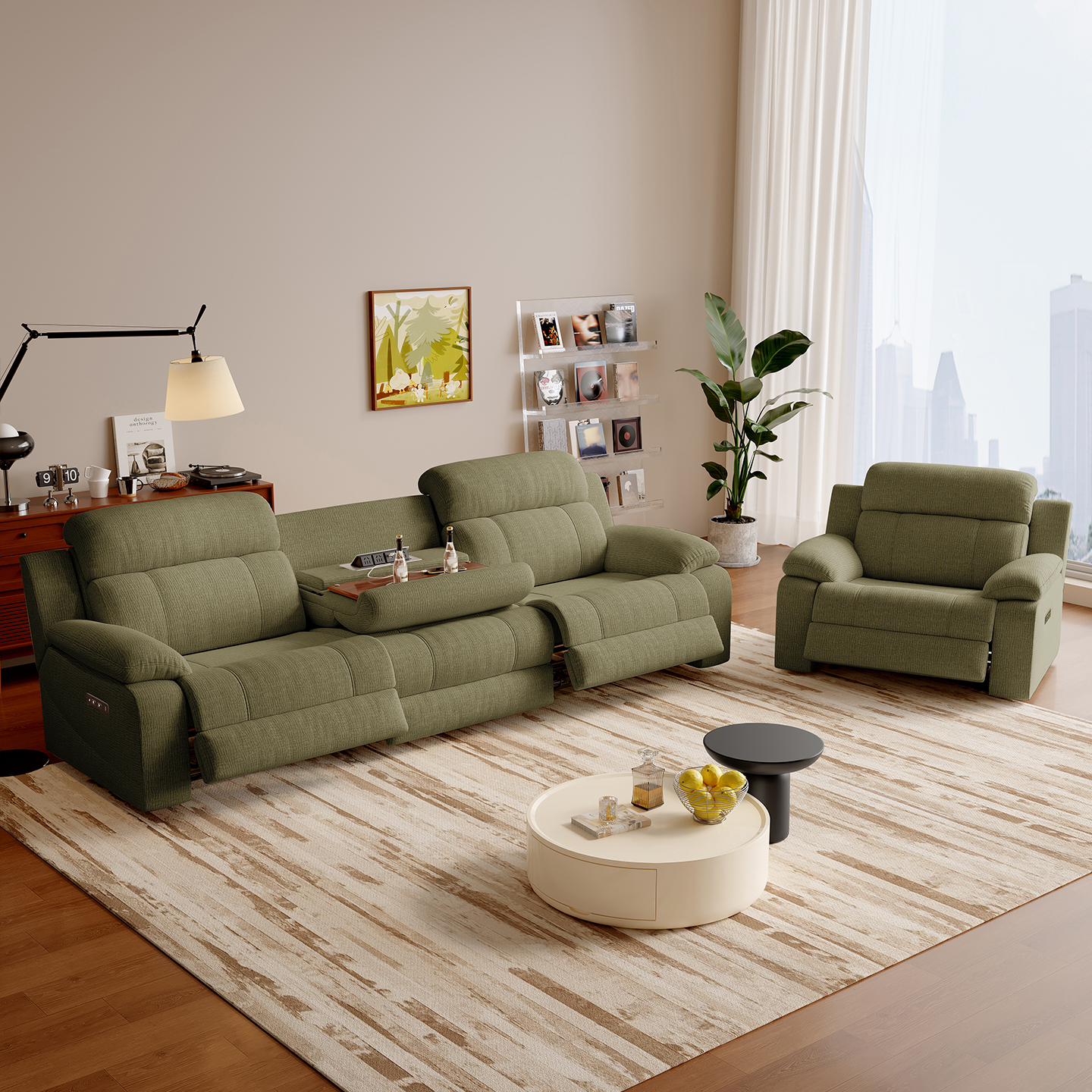 Green Power Reclining Sofa with Console product detail view 3