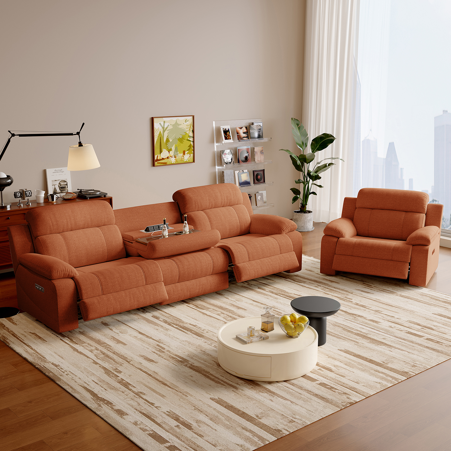 Orange Fabric Power Reclining Sofa with Console product detail view 3