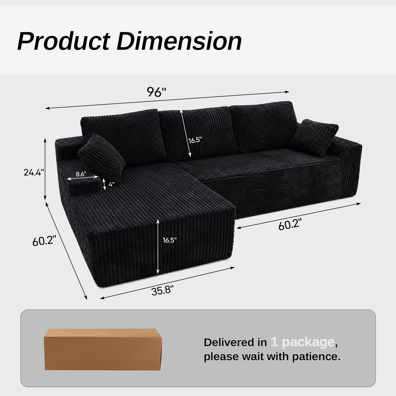 96-Inch Corduroy Compressed Sofa in a Box product detail view 3