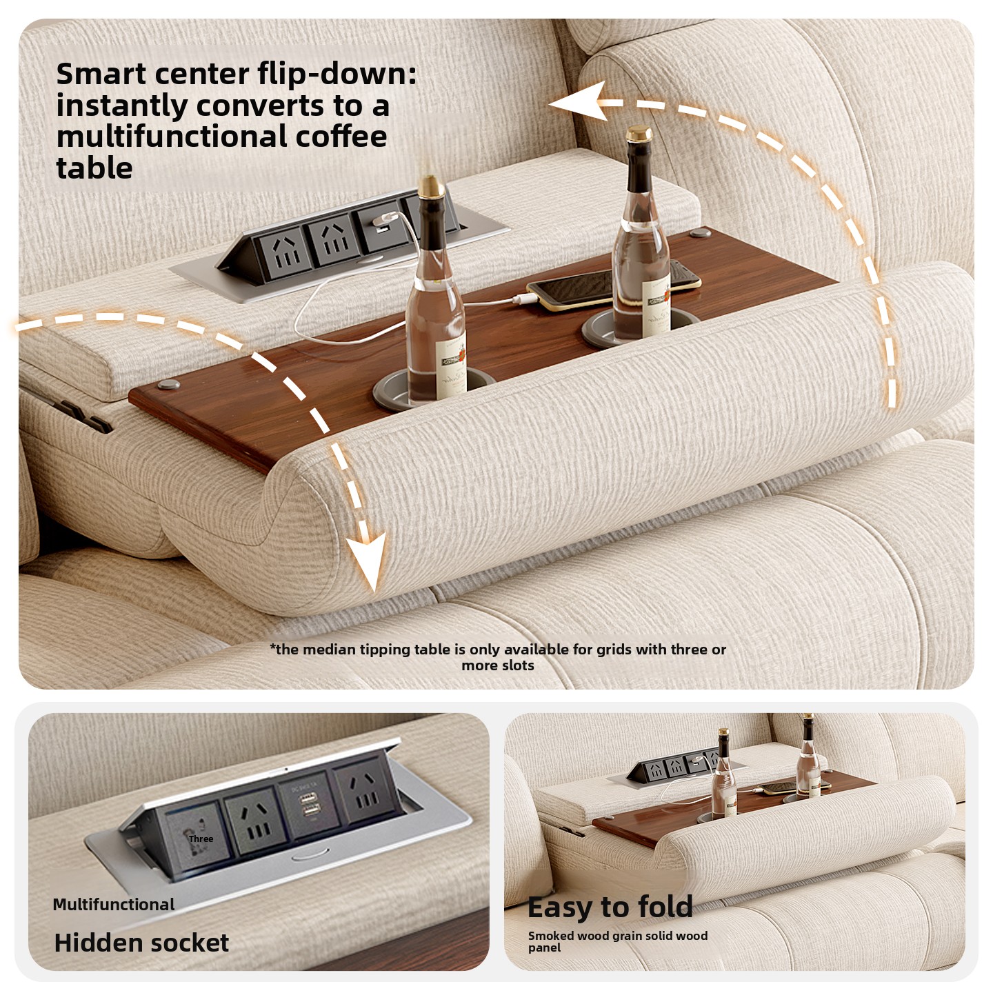 Cream Three-Seater Power Reclining Sofa with Console product detail view 4