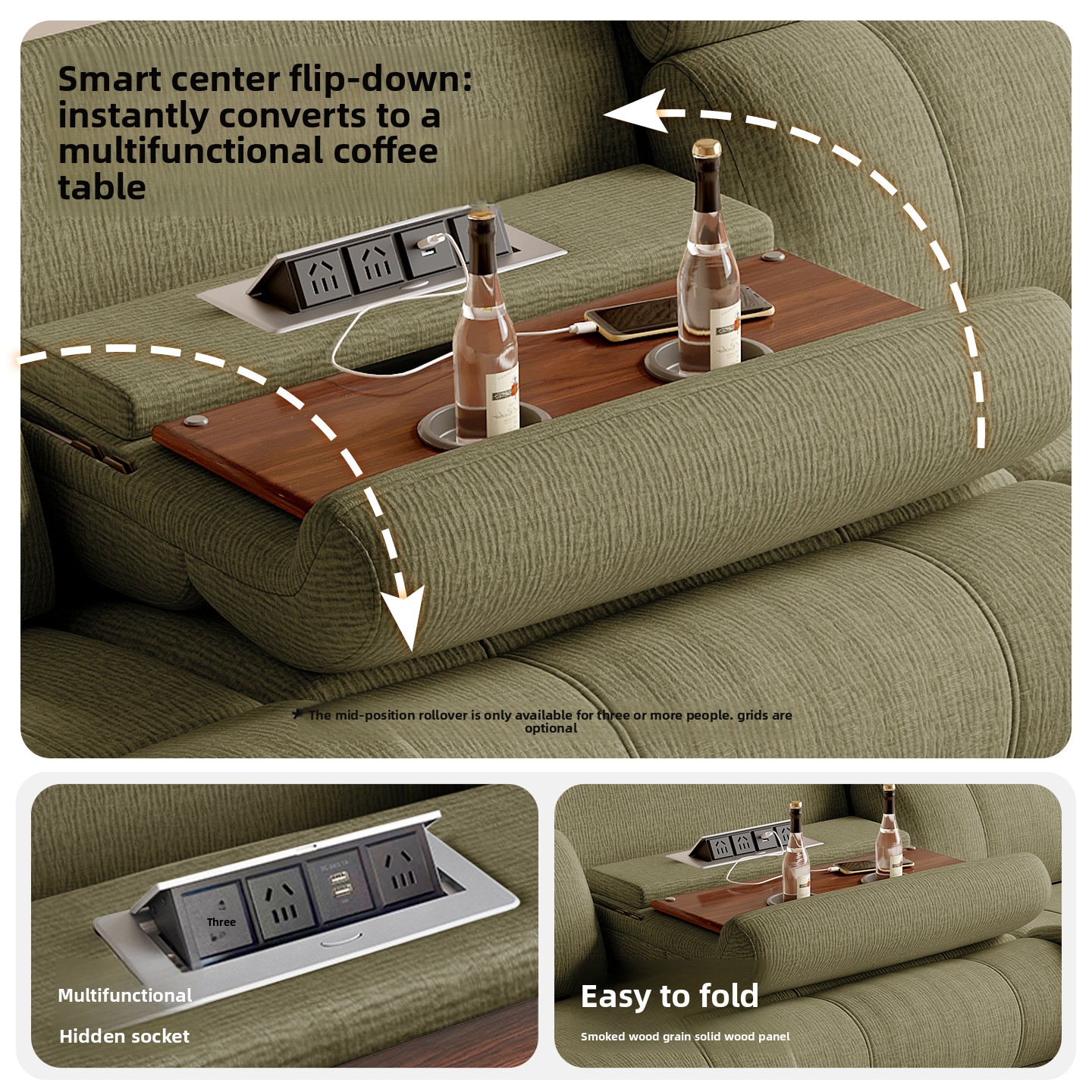 Green Power Reclining Sofa with Console product detail view 4