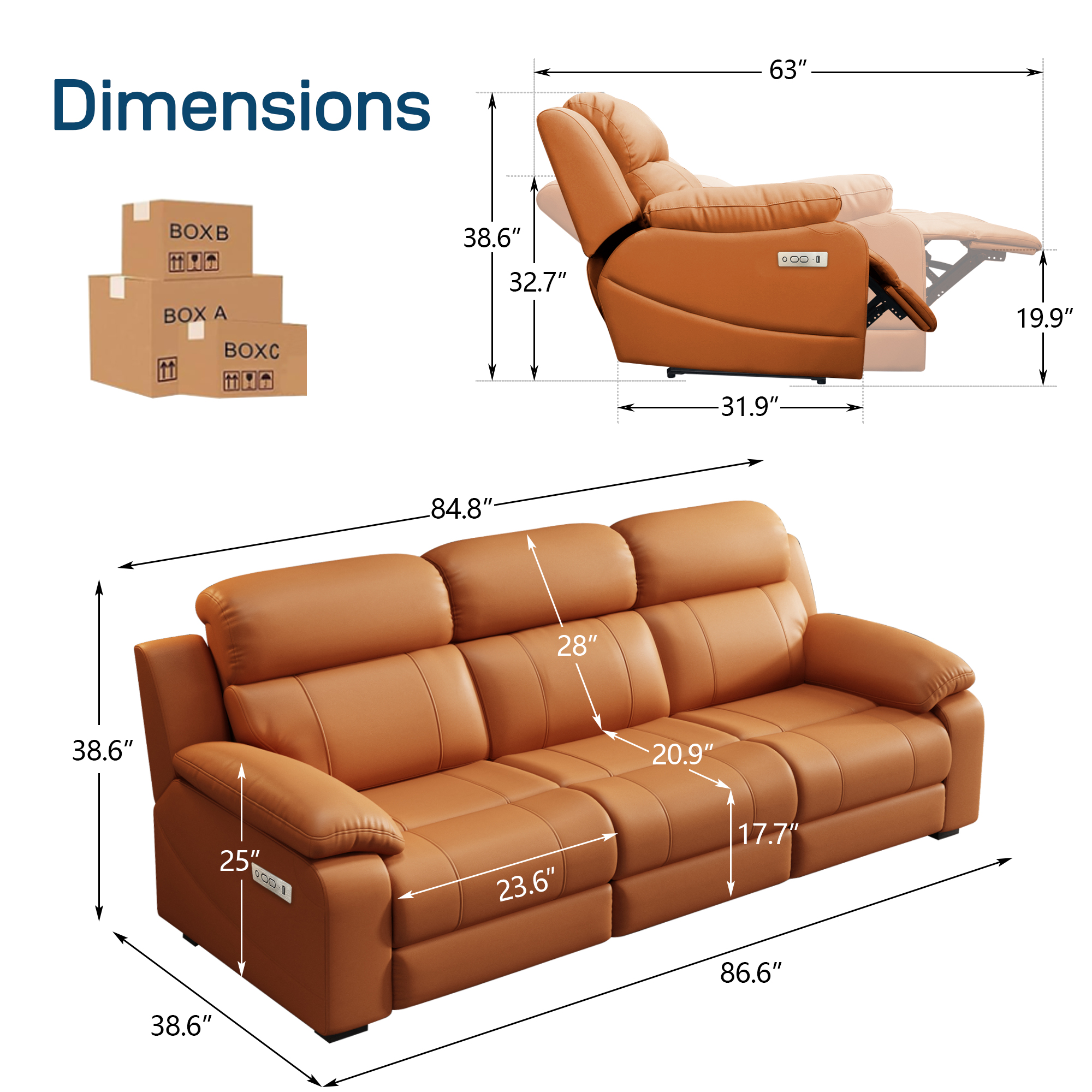 Three-Seater Orange Power Reclining Sofa with Console product detail view 5