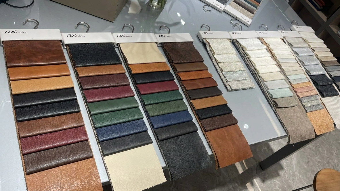 Sofa upholstery fabric and leather samples